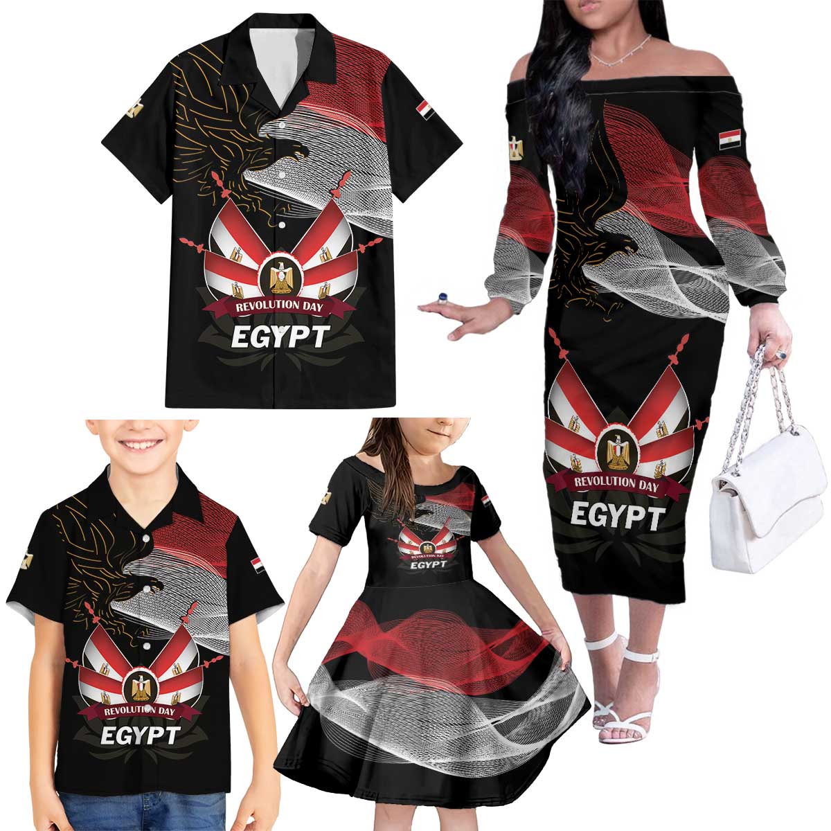 Personalized Egypt Revolution Day Family Matching Off The Shoulder Long Sleeve Dress and Hawaiian Shirt Steppe Eagle Lotus Flower - Wonder Print Shop
