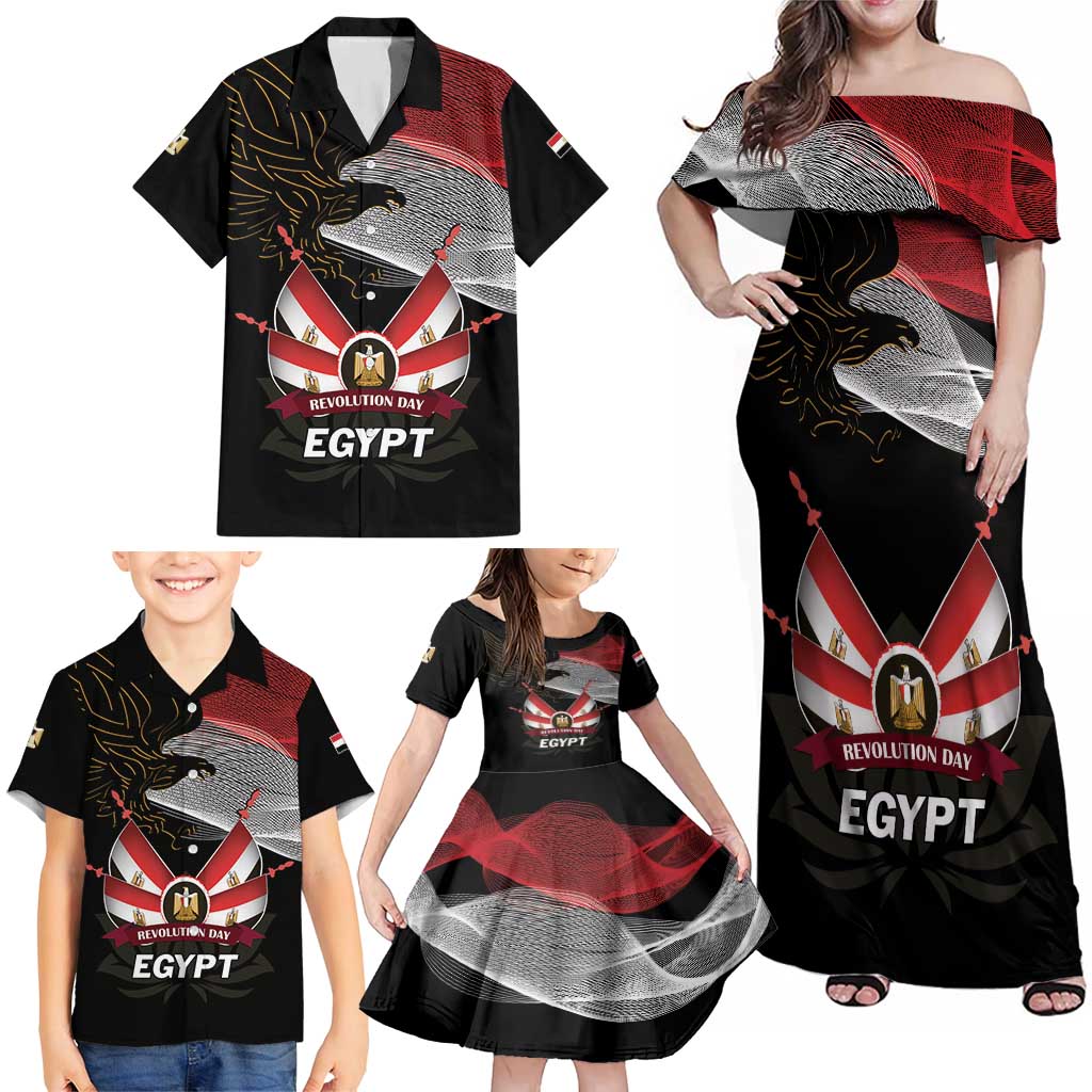 Personalized Egypt Revolution Day Family Matching Off Shoulder Maxi Dress and Hawaiian Shirt Steppe Eagle Lotus Flower - Wonder Print Shop