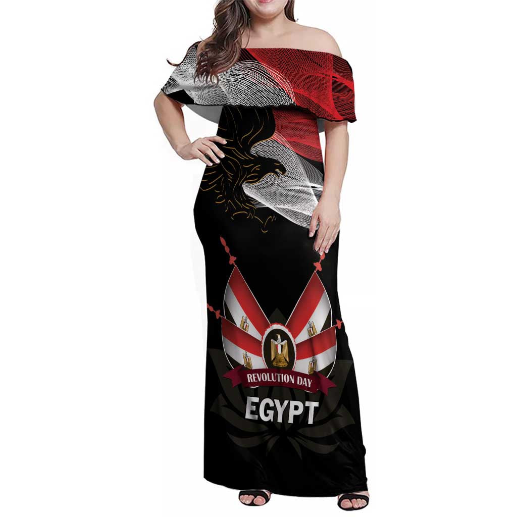Personalized Egypt Revolution Day Family Matching Off Shoulder Maxi Dress and Hawaiian Shirt Steppe Eagle Lotus Flower - Wonder Print Shop