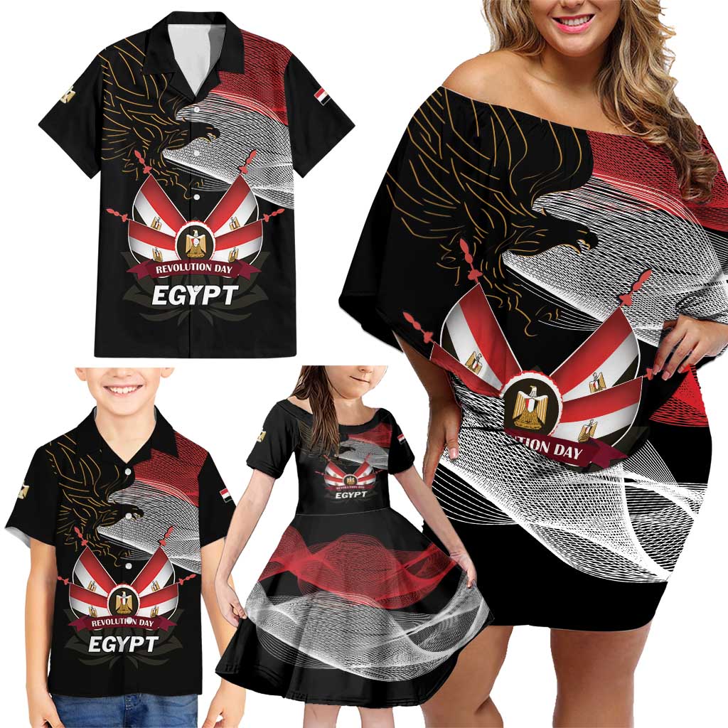 Personalized Egypt Revolution Day Family Matching Off Shoulder Short Dress and Hawaiian Shirt Steppe Eagle Lotus Flower - Wonder Print Shop
