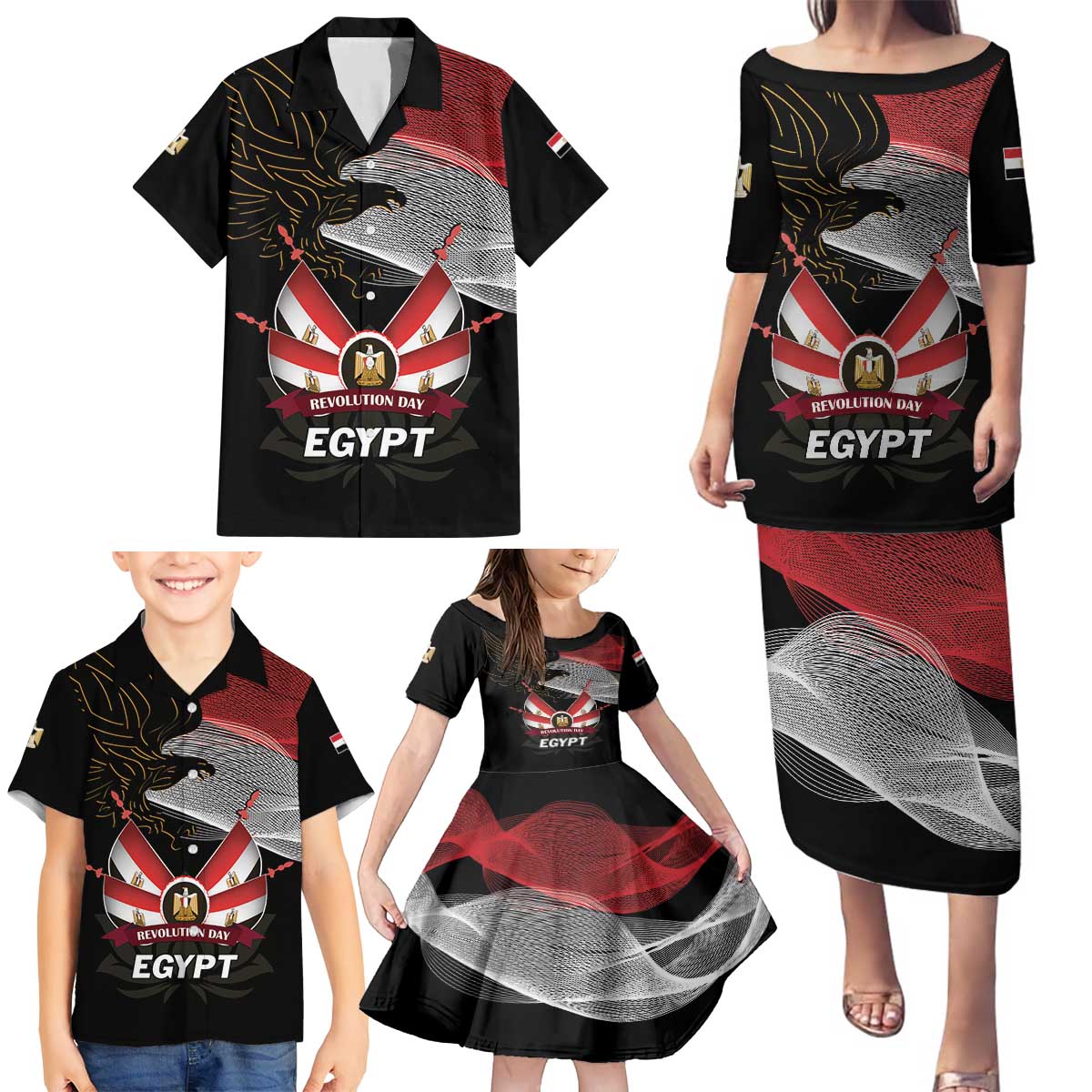 Personalized Egypt Revolution Day Family Matching Puletasi and Hawaiian Shirt Steppe Eagle Lotus Flower - Wonder Print Shop