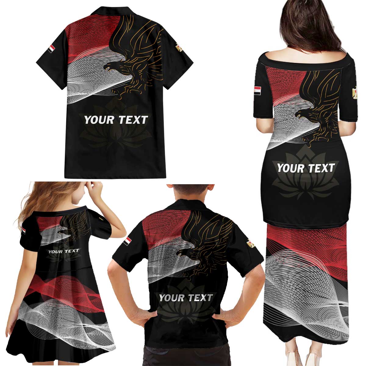 Personalized Egypt Revolution Day Family Matching Puletasi and Hawaiian Shirt Steppe Eagle Lotus Flower - Wonder Print Shop
