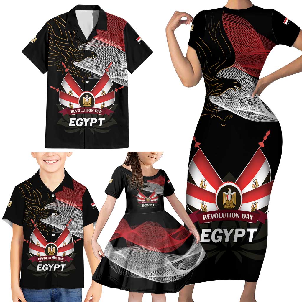 Personalized Egypt Revolution Day Family Matching Short Sleeve Bodycon Dress and Hawaiian Shirt Steppe Eagle Lotus Flower - Wonder Print Shop