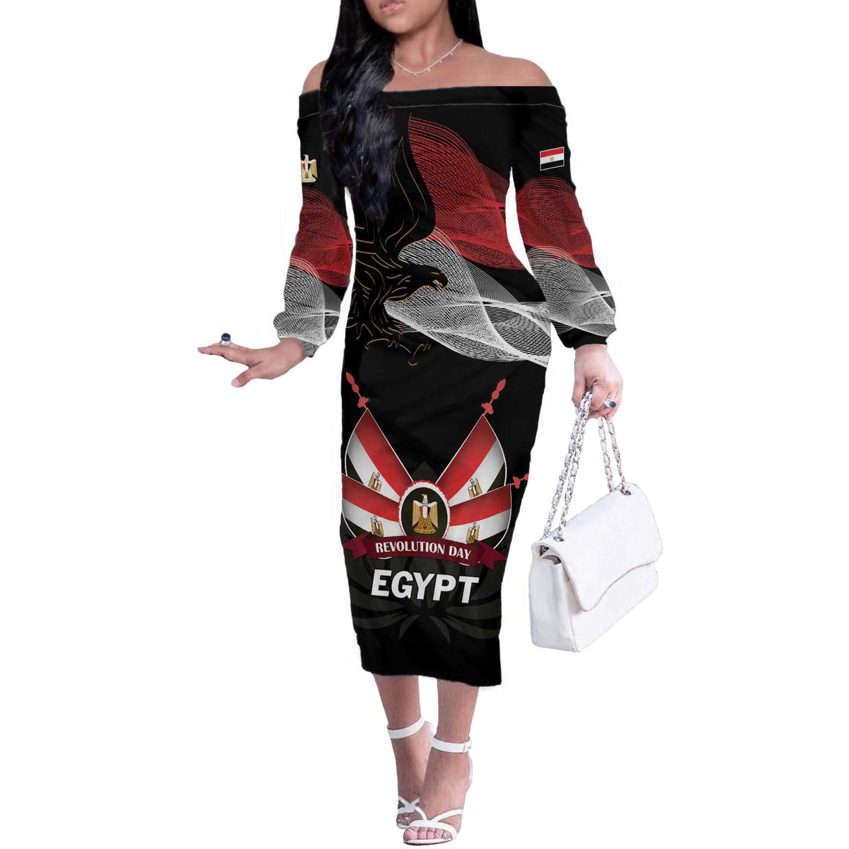 Personalized Egypt Revolution Day Off The Shoulder Long Sleeve Dress Steppe Eagle Lotus Flower - Wonder Print Shop