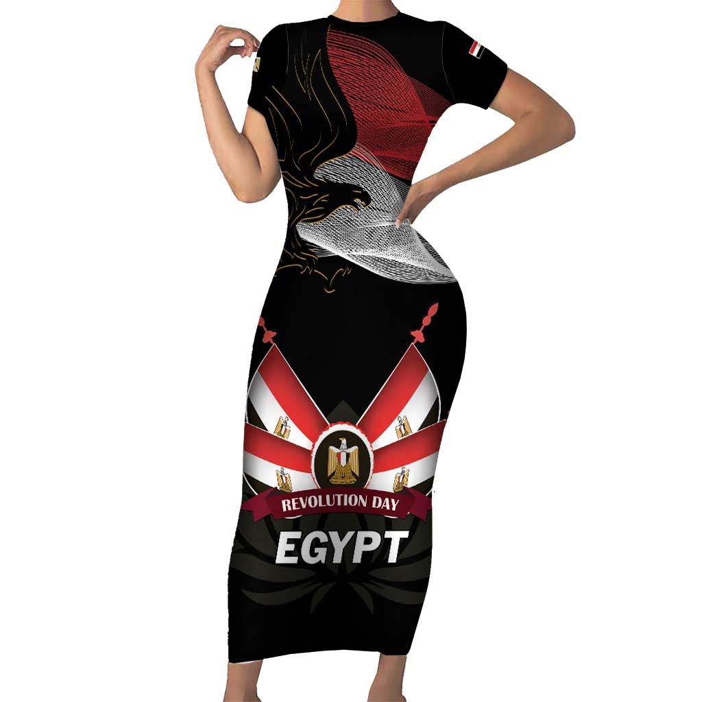 Personalized Egypt Revolution Day Short Sleeve Bodycon Dress Steppe Eagle Lotus Flower - Wonder Print Shop