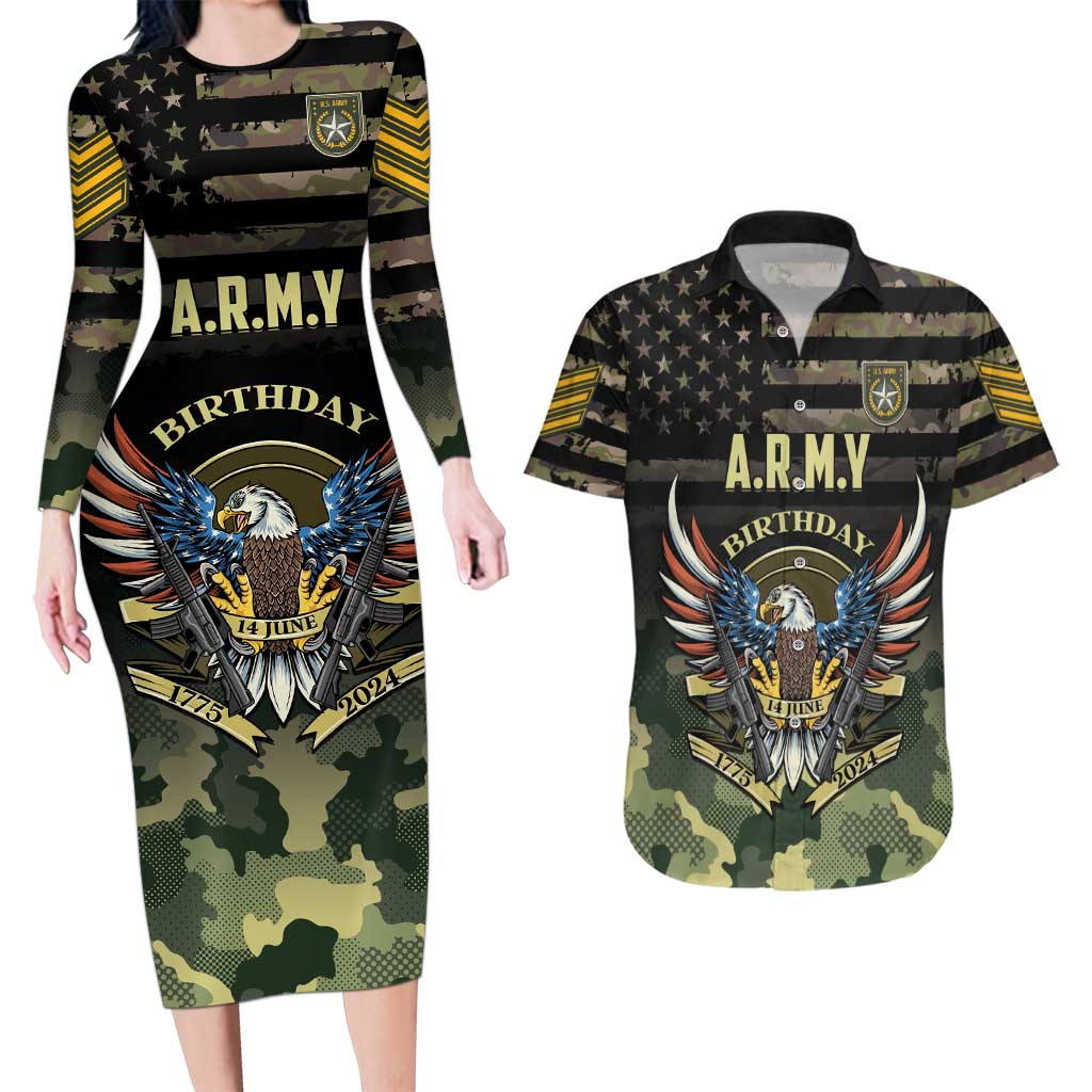Personalized ARMY Birthday 2024 Couples Matching Long Sleeve Bodycon Dress and Hawaiian Shirt US 249th Anniversary - Wonder Print Shop