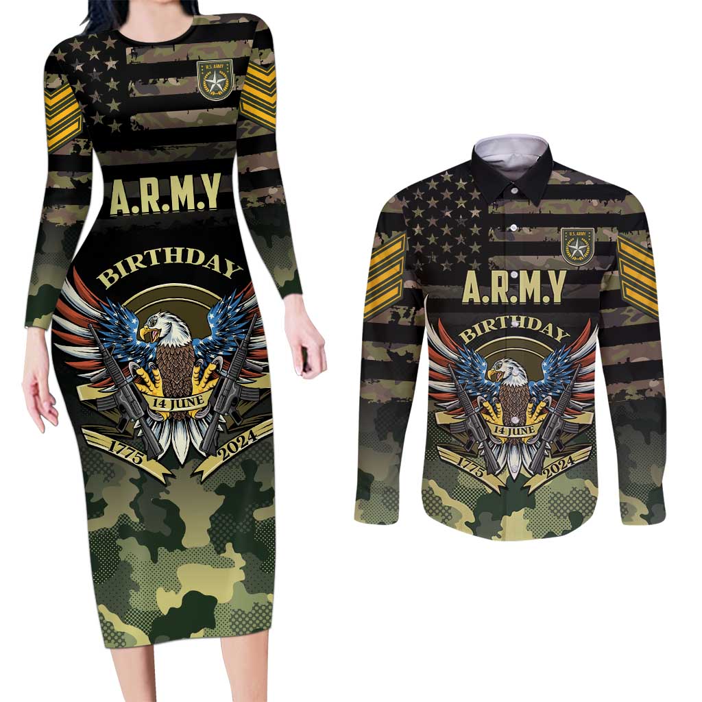Personalized ARMY Birthday 2024 Couples Matching Long Sleeve Bodycon Dress and Long Sleeve Button Shirt US 249th Anniversary - Wonder Print Shop