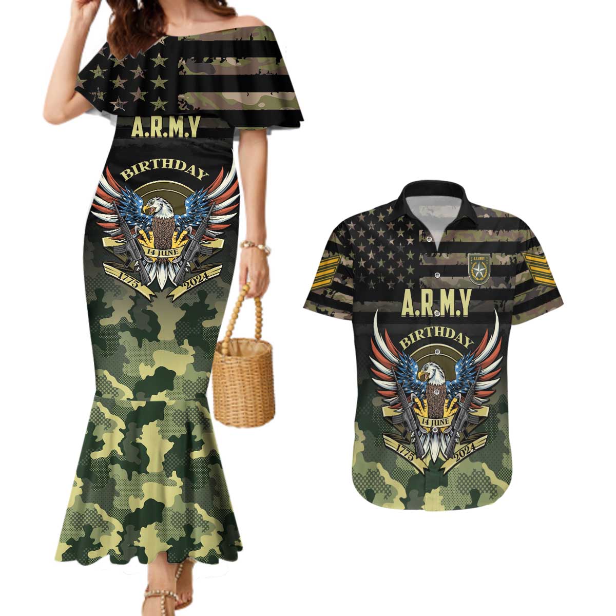 Personalized ARMY Birthday 2024 Couples Matching Mermaid Dress and Hawaiian Shirt US 249th Anniversary - Wonder Print Shop