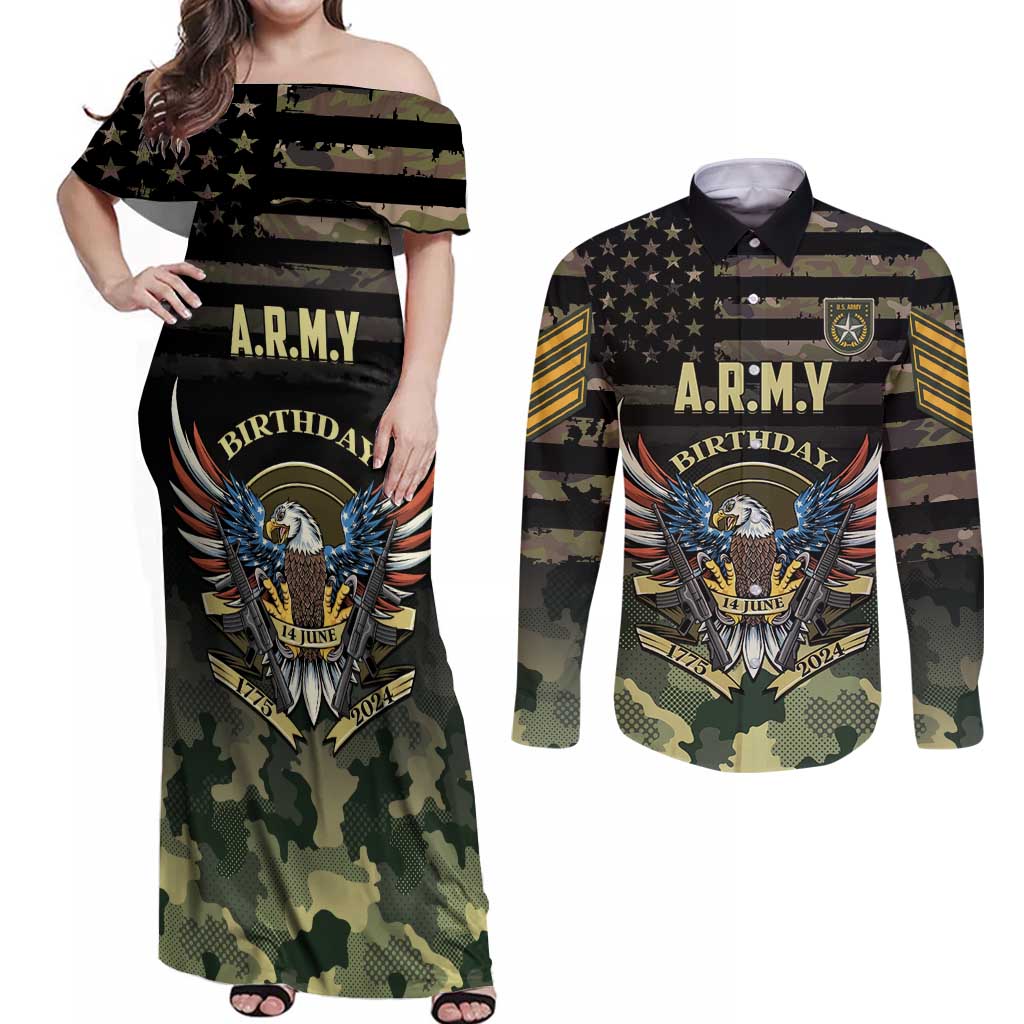 Personalized ARMY Birthday 2024 Couples Matching Off Shoulder Maxi Dress and Long Sleeve Button Shirt US 249th Anniversary - Wonder Print Shop
