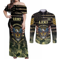 Personalized ARMY Birthday 2024 Couples Matching Off Shoulder Maxi Dress and Long Sleeve Button Shirt US 249th Anniversary - Wonder Print Shop