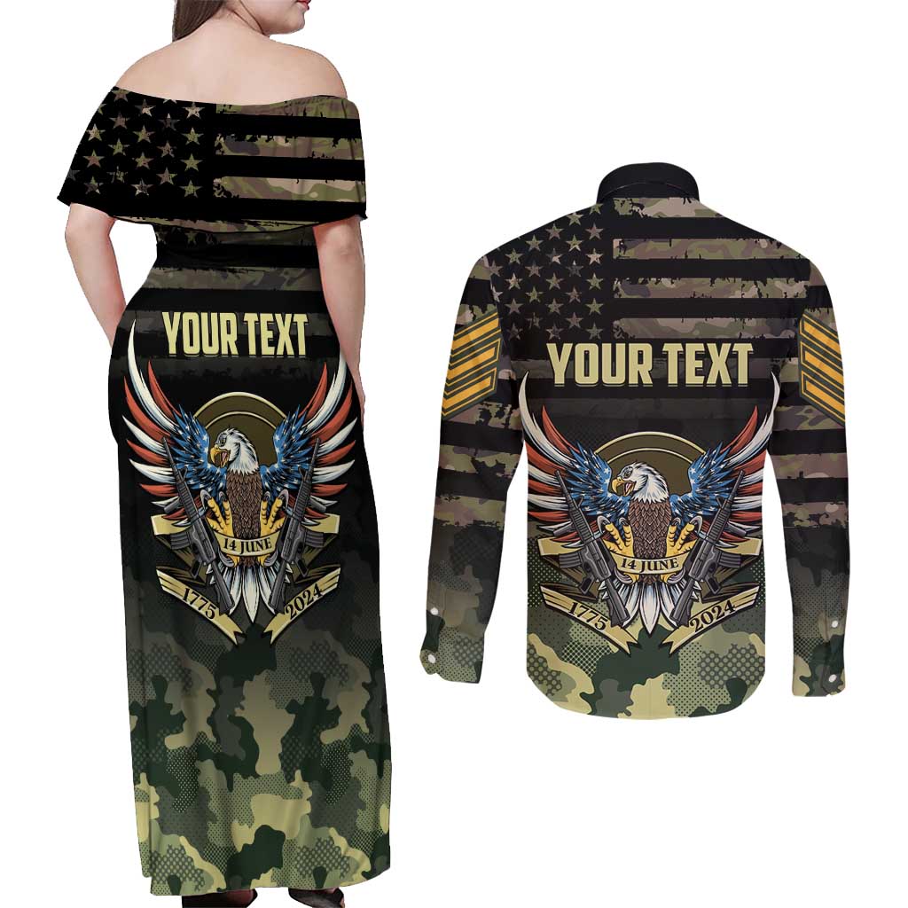 Personalized ARMY Birthday 2024 Couples Matching Off Shoulder Maxi Dress and Long Sleeve Button Shirt US 249th Anniversary - Wonder Print Shop