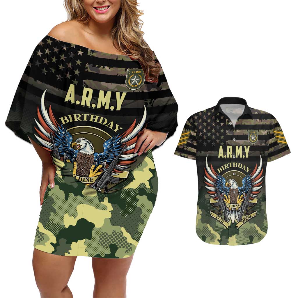 Personalized ARMY Birthday 2024 Couples Matching Off Shoulder Short Dress and Hawaiian Shirt US 249th Anniversary - Wonder Print Shop
