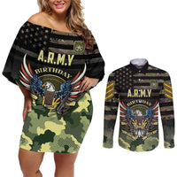 Personalized ARMY Birthday 2024 Couples Matching Off Shoulder Short Dress and Long Sleeve Button Shirt US 249th Anniversary - Wonder Print Shop