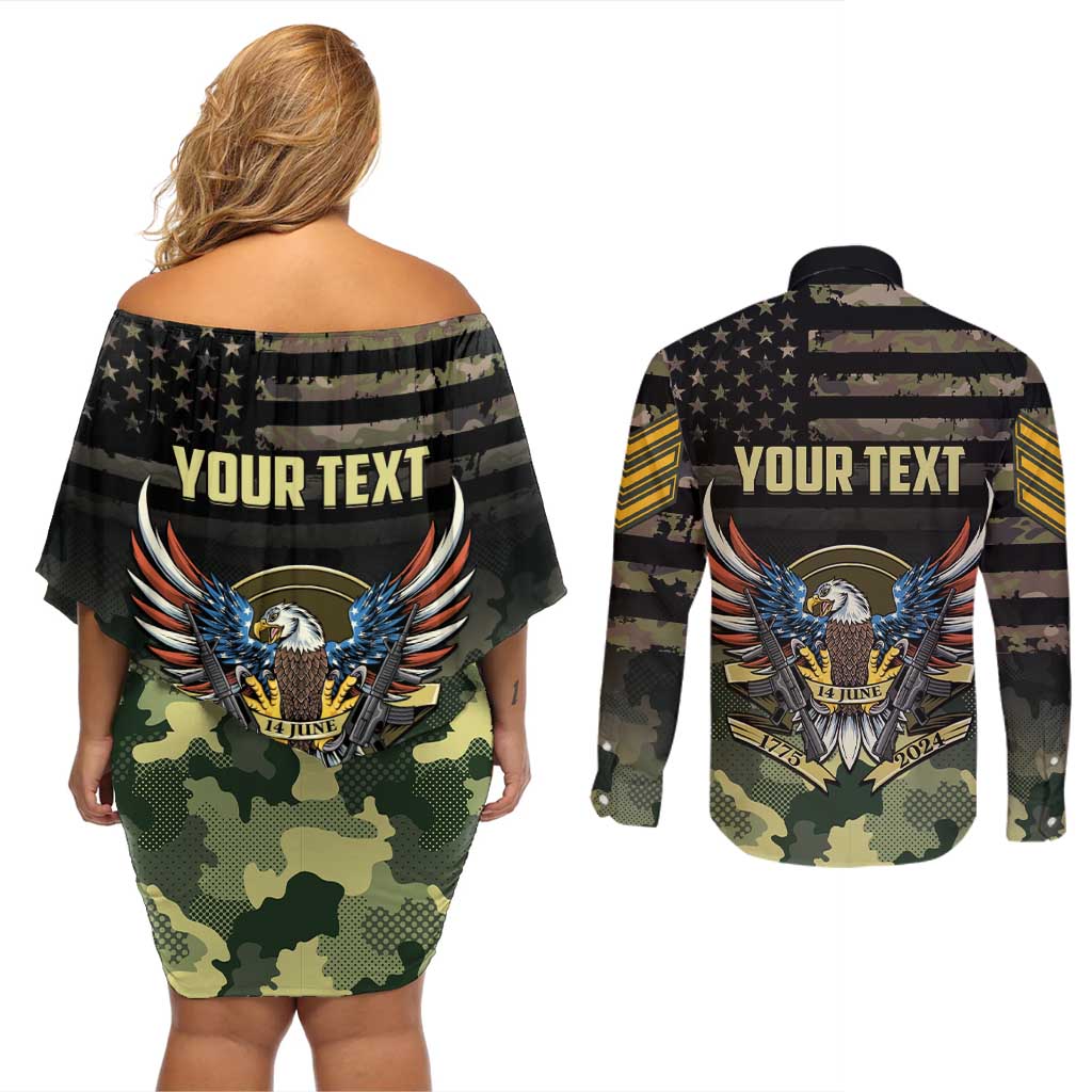 Personalized ARMY Birthday 2024 Couples Matching Off Shoulder Short Dress and Long Sleeve Button Shirt US 249th Anniversary - Wonder Print Shop