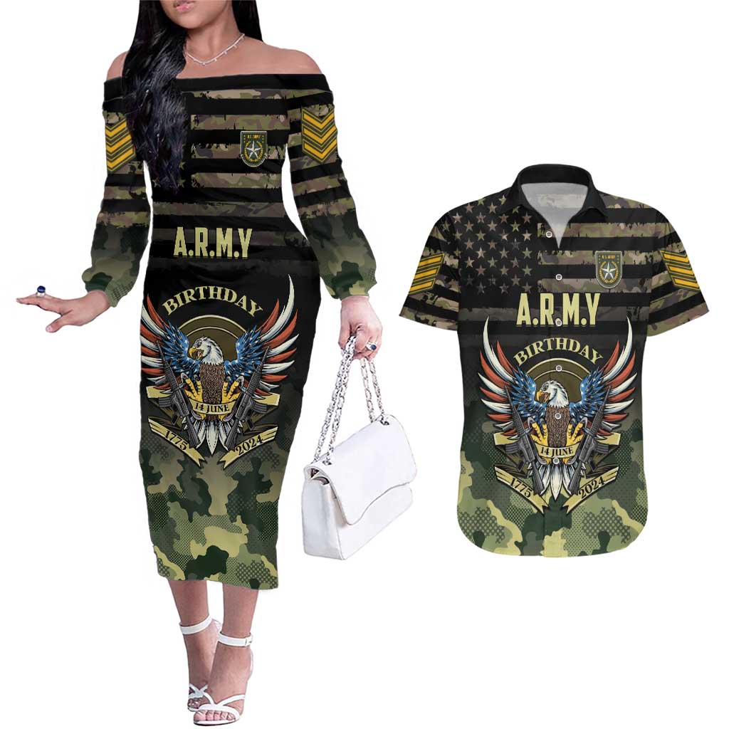 Personalized ARMY Birthday 2024 Couples Matching Off The Shoulder Long Sleeve Dress and Hawaiian Shirt US 249th Anniversary - Wonder Print Shop