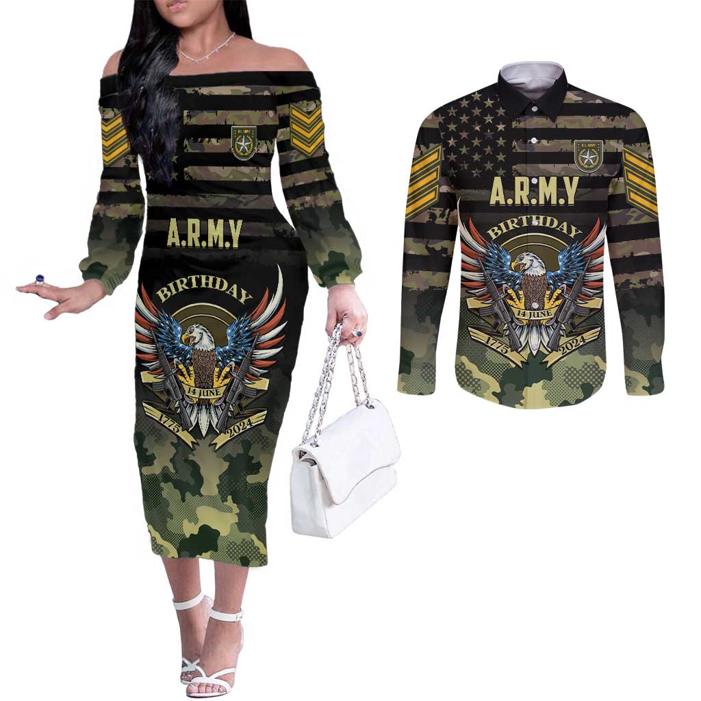 Personalized ARMY Birthday 2024 Couples Matching Off The Shoulder Long Sleeve Dress and Long Sleeve Button Shirt US 249th Anniversary