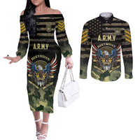 Personalized ARMY Birthday 2024 Couples Matching Off The Shoulder Long Sleeve Dress and Long Sleeve Button Shirt US 249th Anniversary