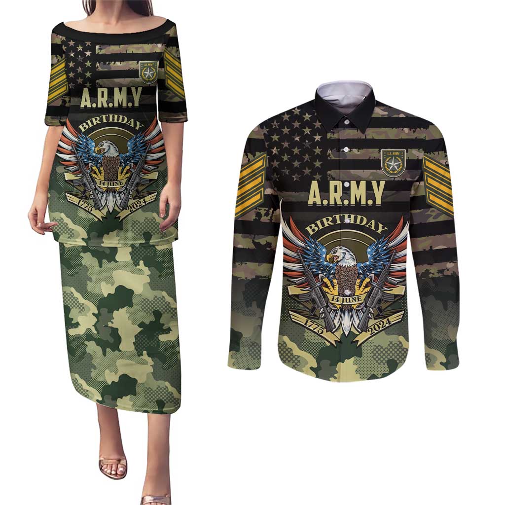 Personalized ARMY Birthday 2024 Couples Matching Puletasi and Long Sleeve Button Shirt US 249th Anniversary - Wonder Print Shop