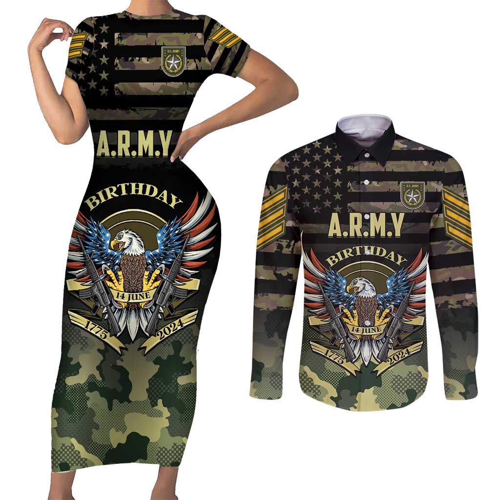 Personalized ARMY Birthday 2024 Couples Matching Short Sleeve Bodycon Dress and Long Sleeve Button Shirt US 249th Anniversary - Wonder Print Shop