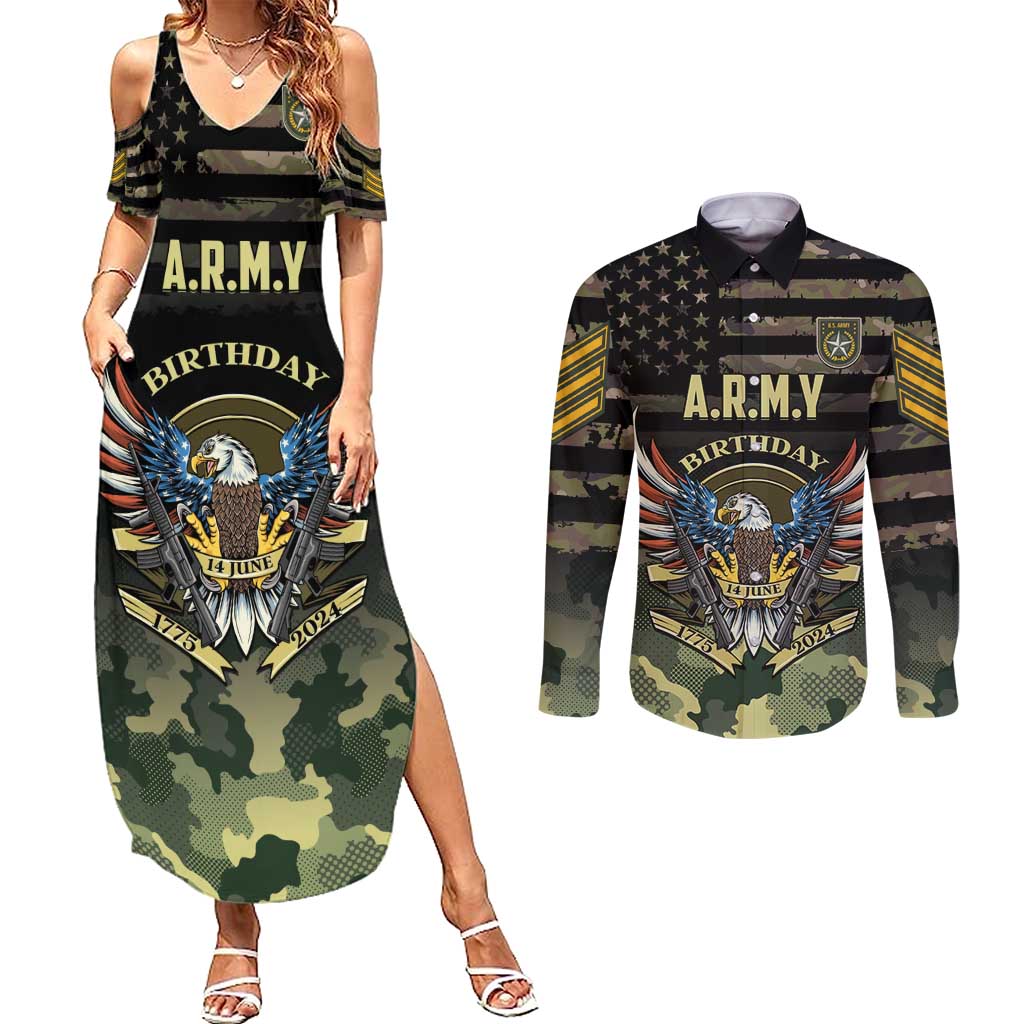 Personalized ARMY Birthday 2024 Couples Matching Summer Maxi Dress and Long Sleeve Button Shirt US 249th Anniversary - Wonder Print Shop