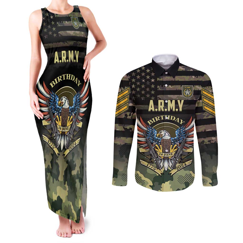 Personalized ARMY Birthday 2024 Couples Matching Tank Maxi Dress and Long Sleeve Button Shirt US 249th Anniversary - Wonder Print Shop