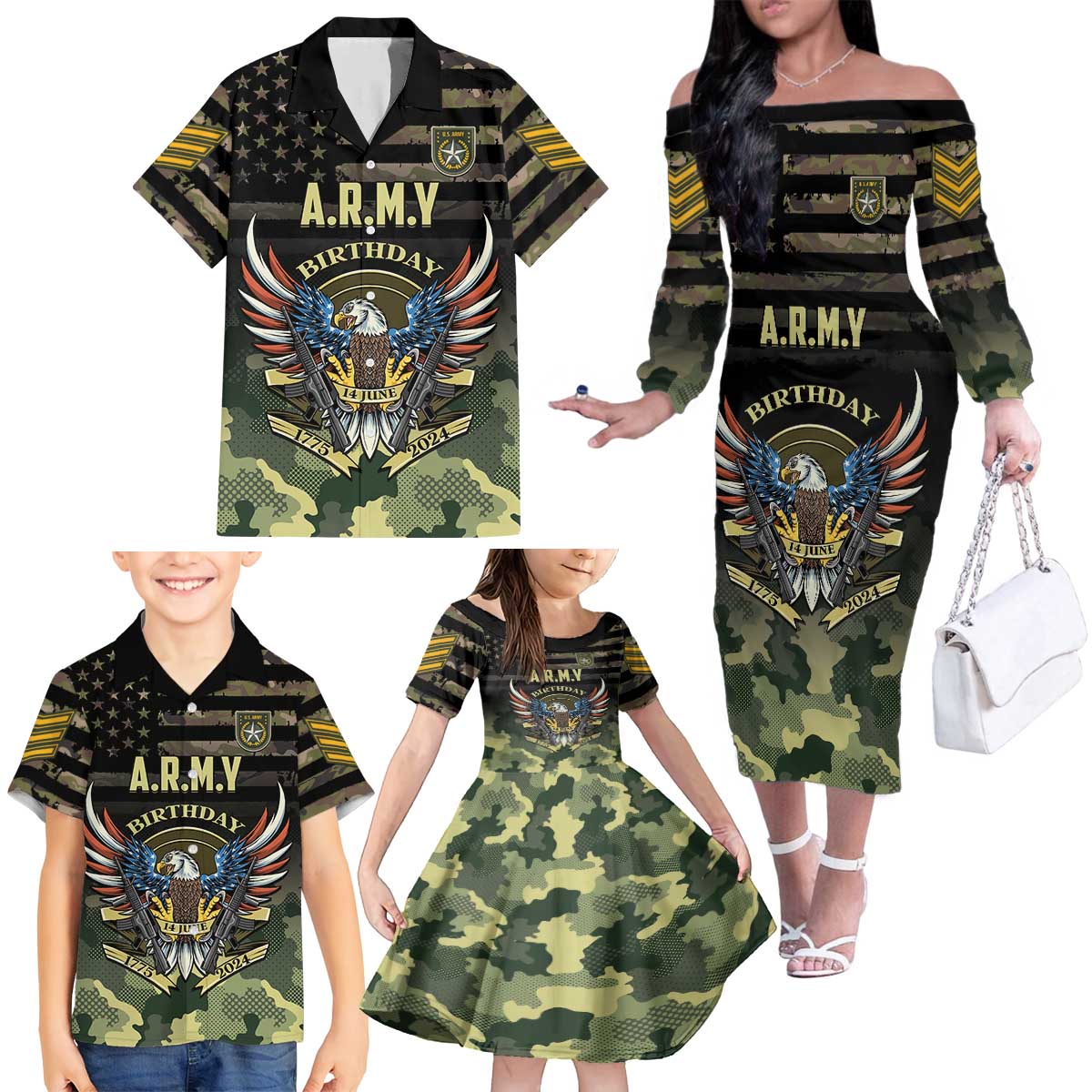 Personalized ARMY Birthday 2024 Family Matching Off The Shoulder Long Sleeve Dress and Hawaiian Shirt US 249th Anniversary - Wonder Print Shop