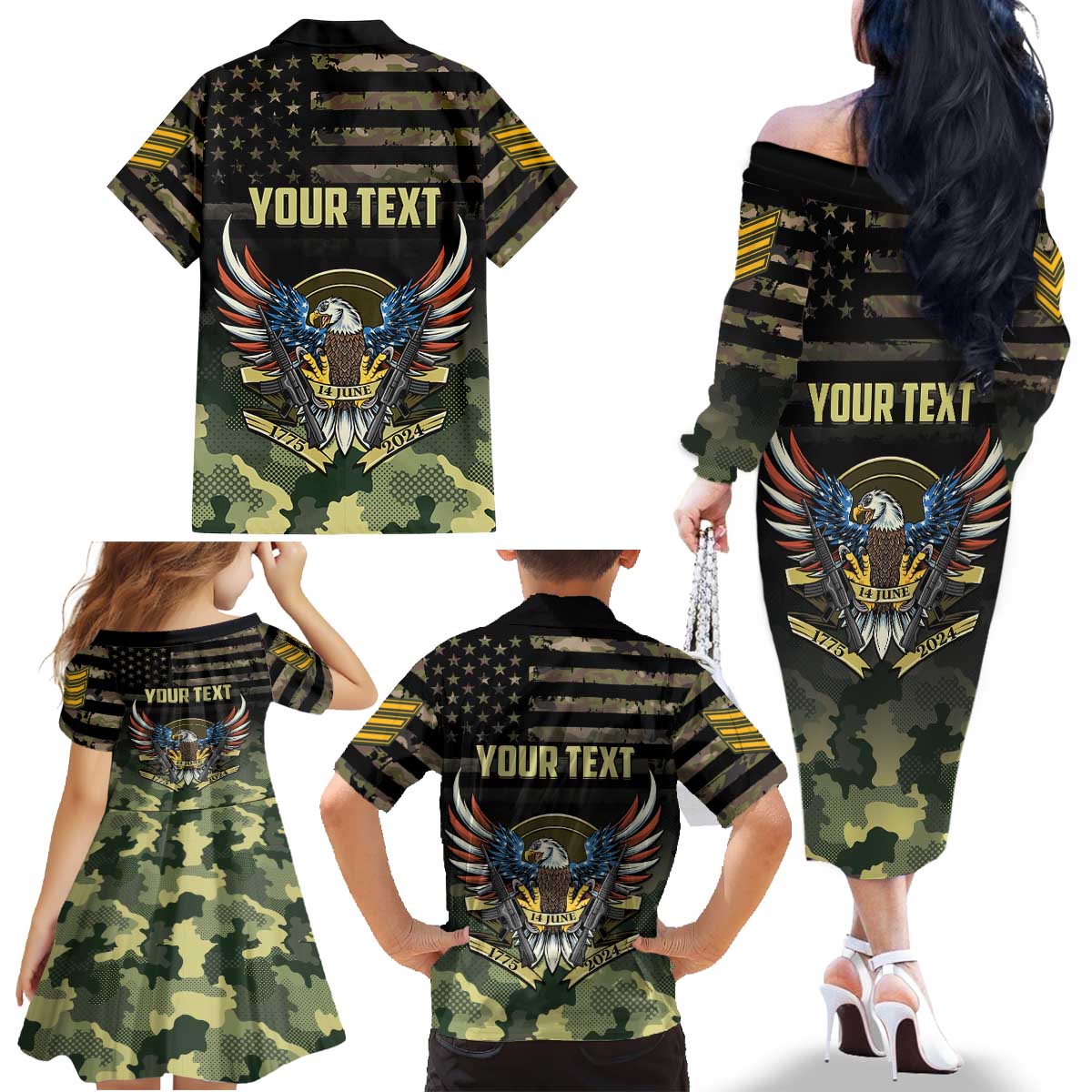 Personalized ARMY Birthday 2024 Family Matching Off The Shoulder Long Sleeve Dress and Hawaiian Shirt US 249th Anniversary - Wonder Print Shop
