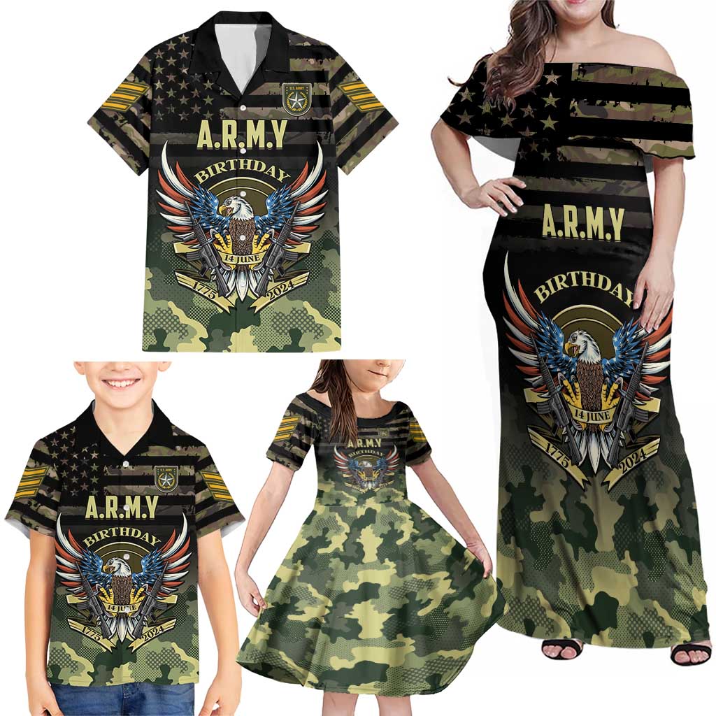 Personalized ARMY Birthday 2024 Family Matching Off Shoulder Maxi Dress and Hawaiian Shirt US 249th Anniversary - Wonder Print Shop