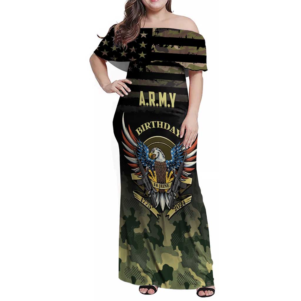 Personalized ARMY Birthday 2024 Family Matching Off Shoulder Maxi Dress and Hawaiian Shirt US 249th Anniversary - Wonder Print Shop
