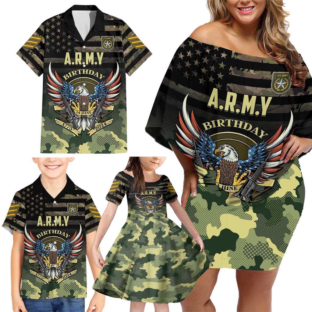 Personalized ARMY Birthday 2024 Family Matching Off Shoulder Short Dress and Hawaiian Shirt US 249th Anniversary - Wonder Print Shop