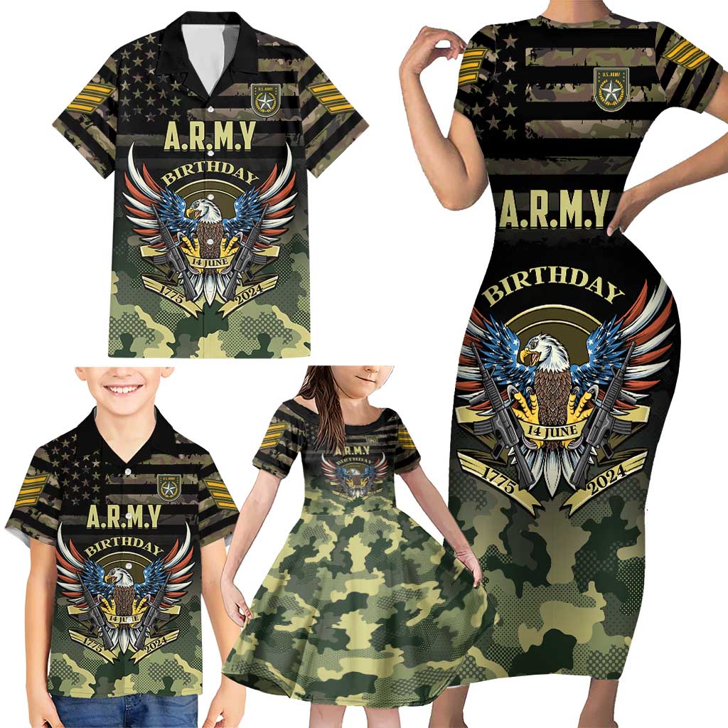 Personalized ARMY Birthday 2024 Family Matching Short Sleeve Bodycon Dress and Hawaiian Shirt US 249th Anniversary - Wonder Print Shop