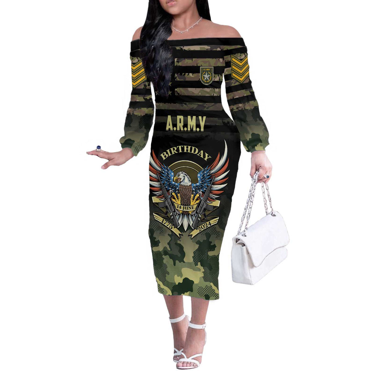 Personalized ARMY Birthday 2024 Off The Shoulder Long Sleeve Dress US 249th Anniversary - Wonder Print Shop