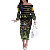 Personalized ARMY Birthday 2024 Off The Shoulder Long Sleeve Dress US 249th Anniversary - Wonder Print Shop