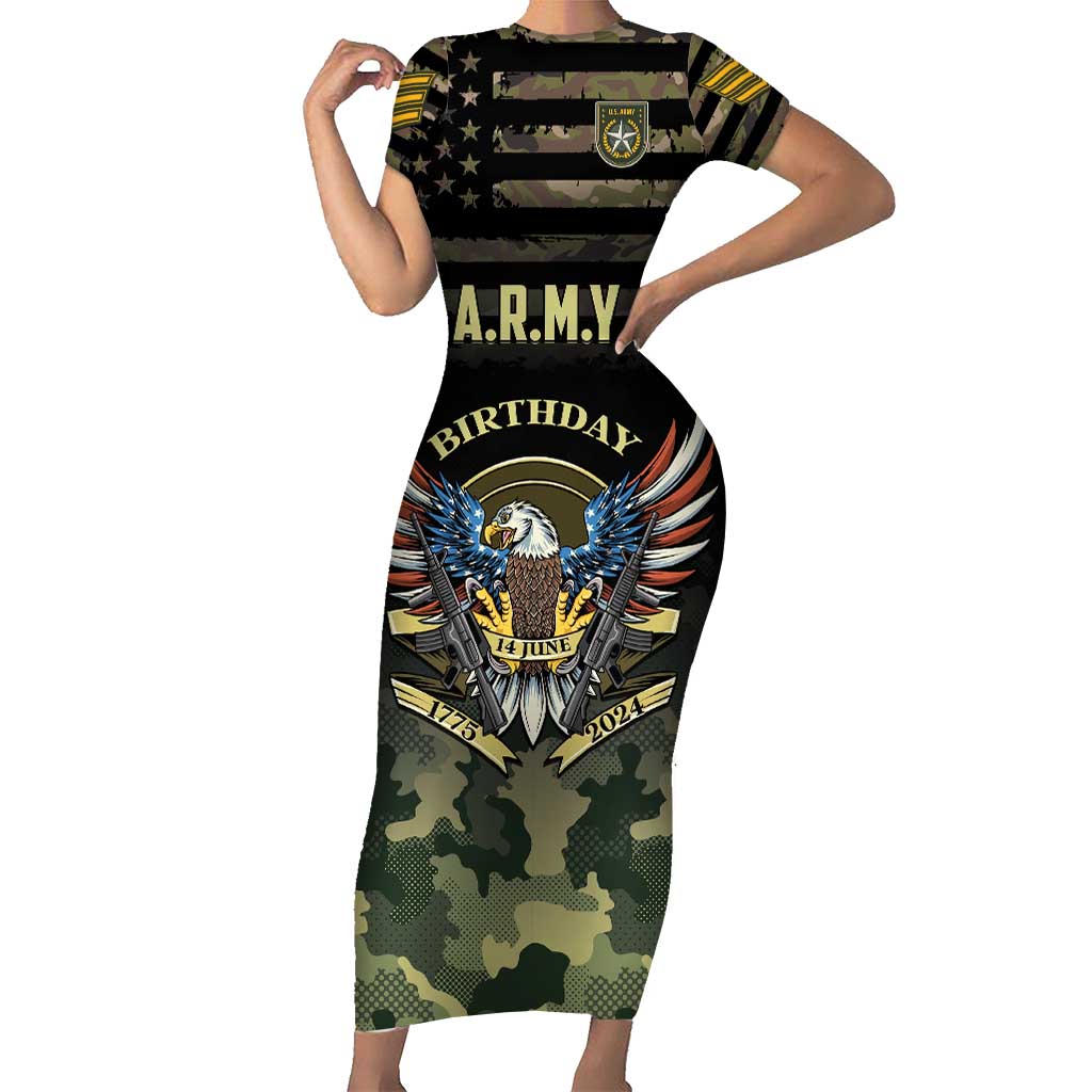 Personalized ARMY Birthday 2024 Short Sleeve Bodycon Dress US 249th Anniversary - Wonder Print Shop