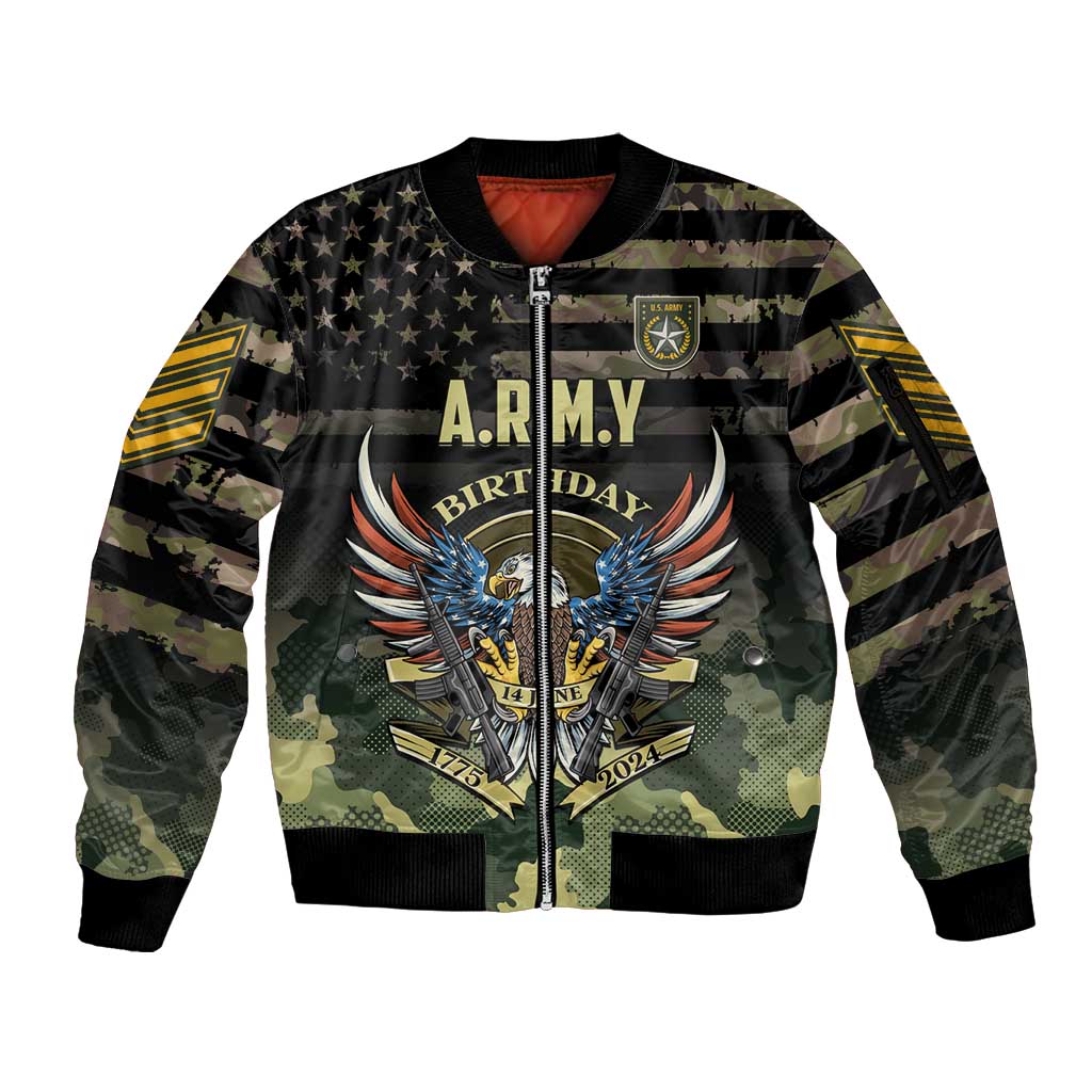 Personalized ARMY Birthday 2024 Sleeve Zip Bomber Jacket US 249th Anniversary - Wonder Print Shop