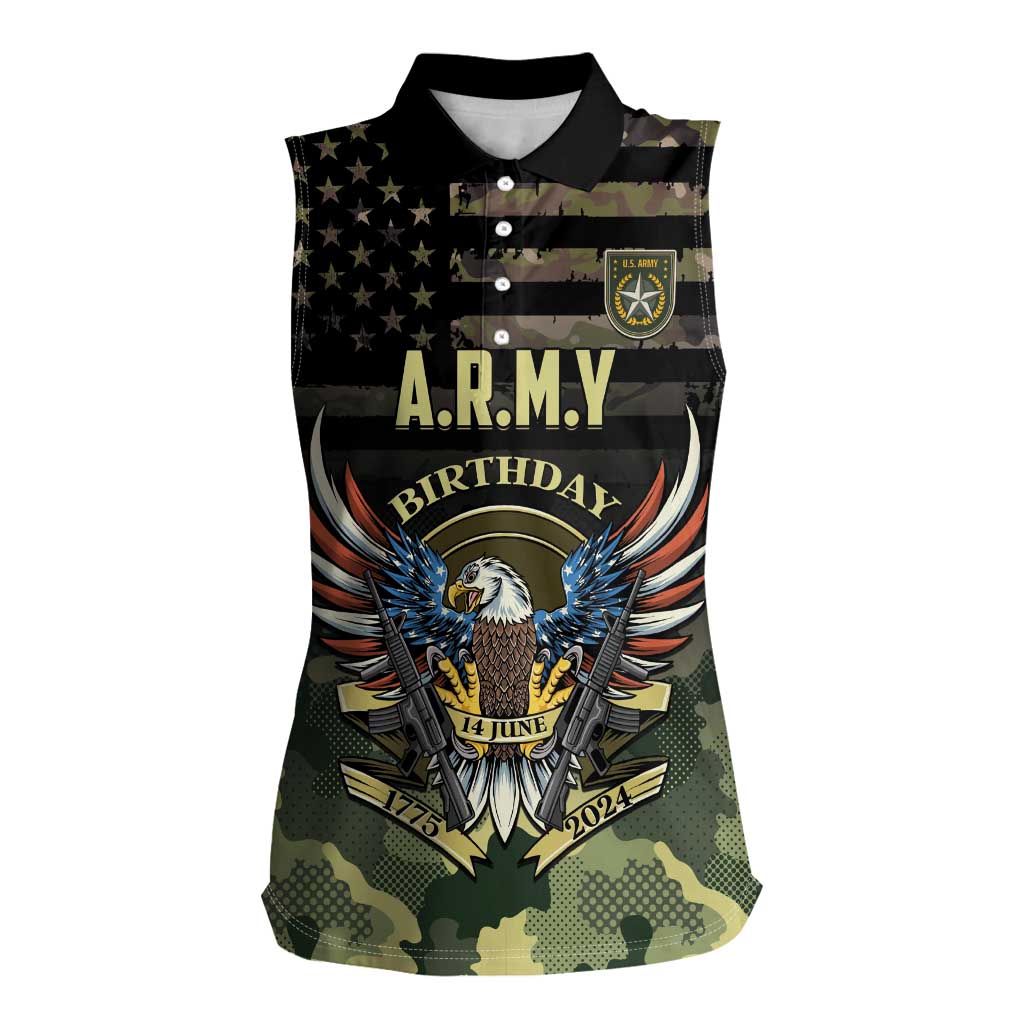 Personalized ARMY Birthday 2024 Women Sleeveless Polo Shirt US 249th Anniversary - Wonder Print Shop