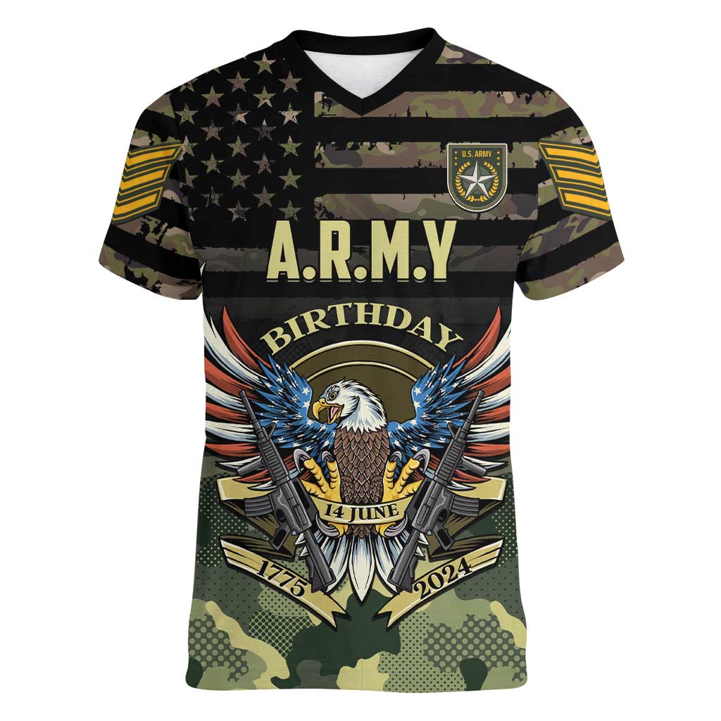 Personalized ARMY Birthday 2024 Women V-Neck T-Shirt US 249th Anniversary - Wonder Print Shop