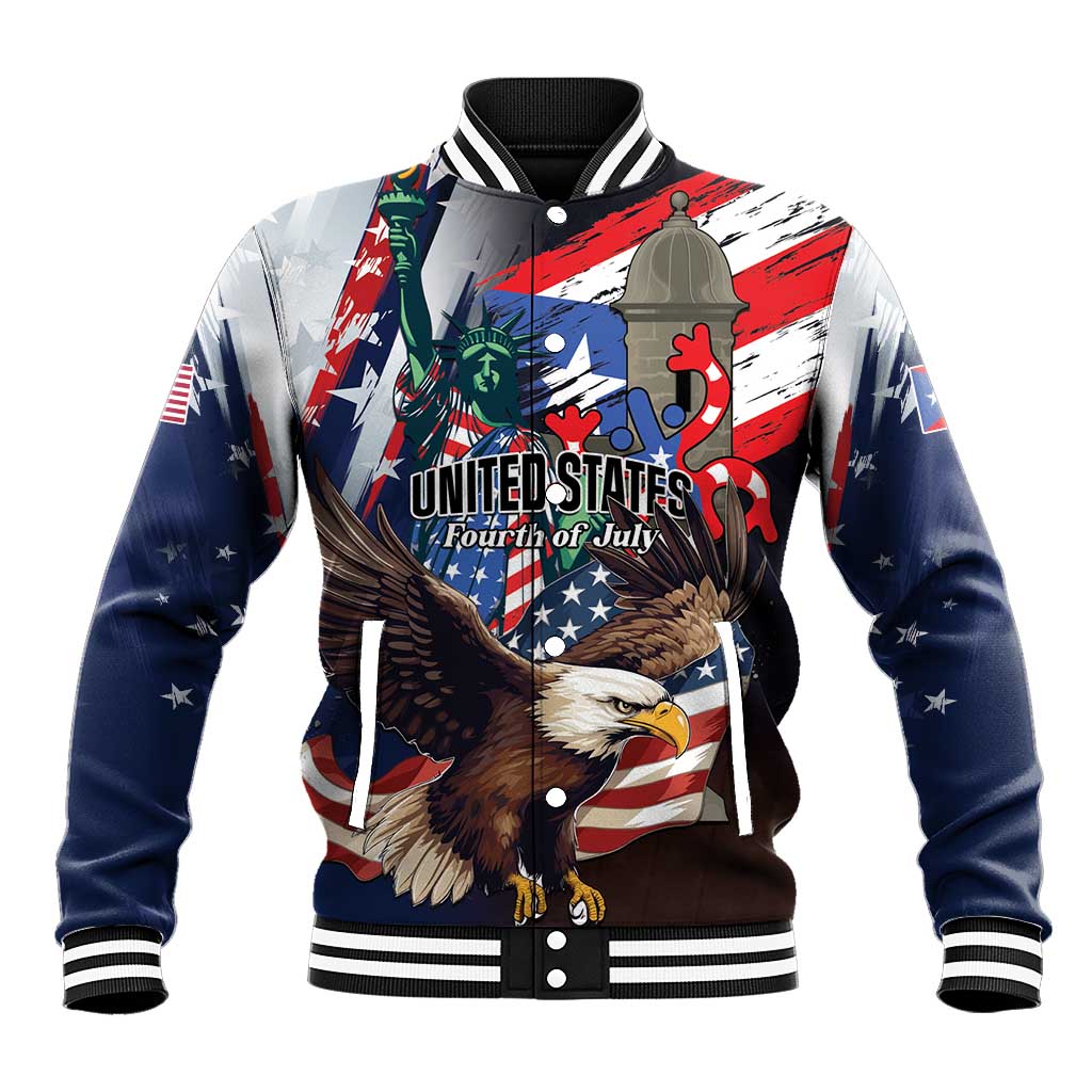 Personalized Puerto Rico 4th of July Baseball Jacket USA Statue of Liberty El Morro