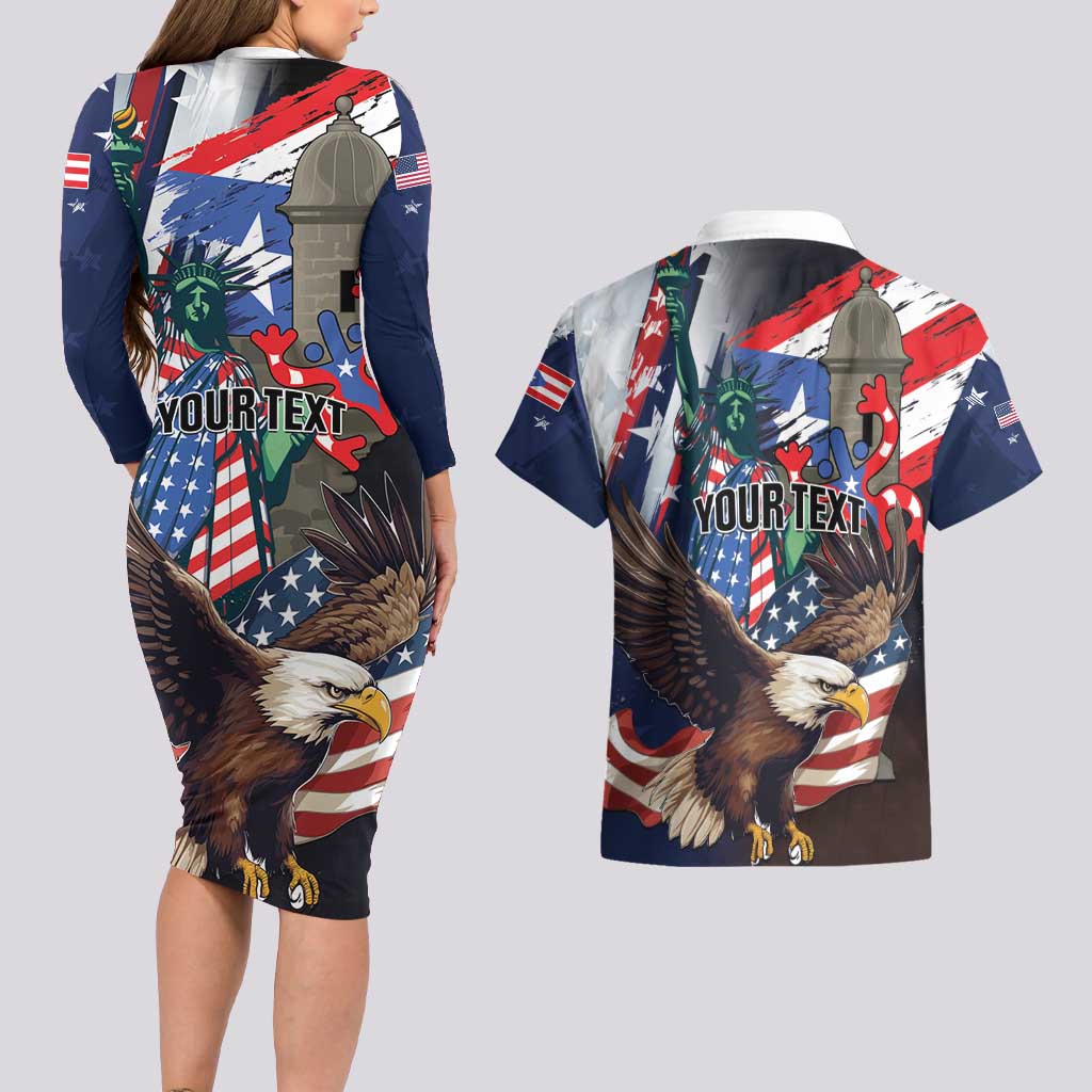 Personalized Puerto Rico 4th of July Couples Matching Long Sleeve Bodycon Dress and Hawaiian Shirt USA Statue of Liberty El Morro