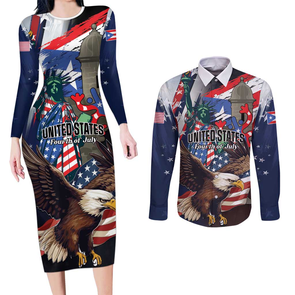 Personalized Puerto Rico 4th of July Couples Matching Long Sleeve Bodycon Dress and Long Sleeve Button Shirt USA Statue of Liberty El Morro
