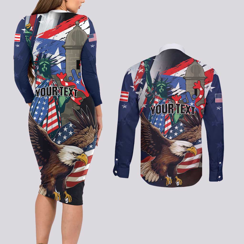Personalized Puerto Rico 4th of July Couples Matching Long Sleeve Bodycon Dress and Long Sleeve Button Shirt USA Statue of Liberty El Morro