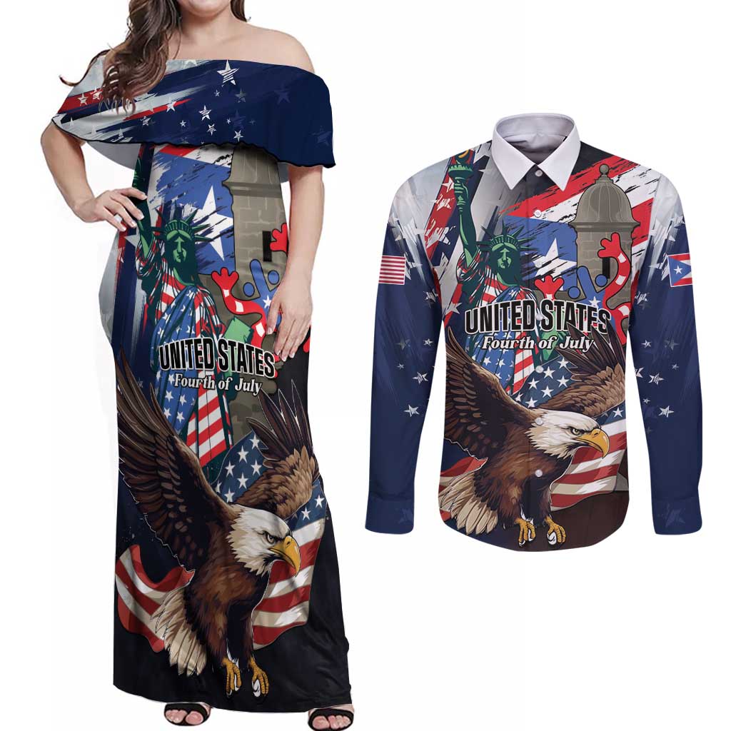 Personalized Puerto Rico 4th of July Couples Matching Off Shoulder Maxi Dress and Long Sleeve Button Shirt USA Statue of Liberty El Morro