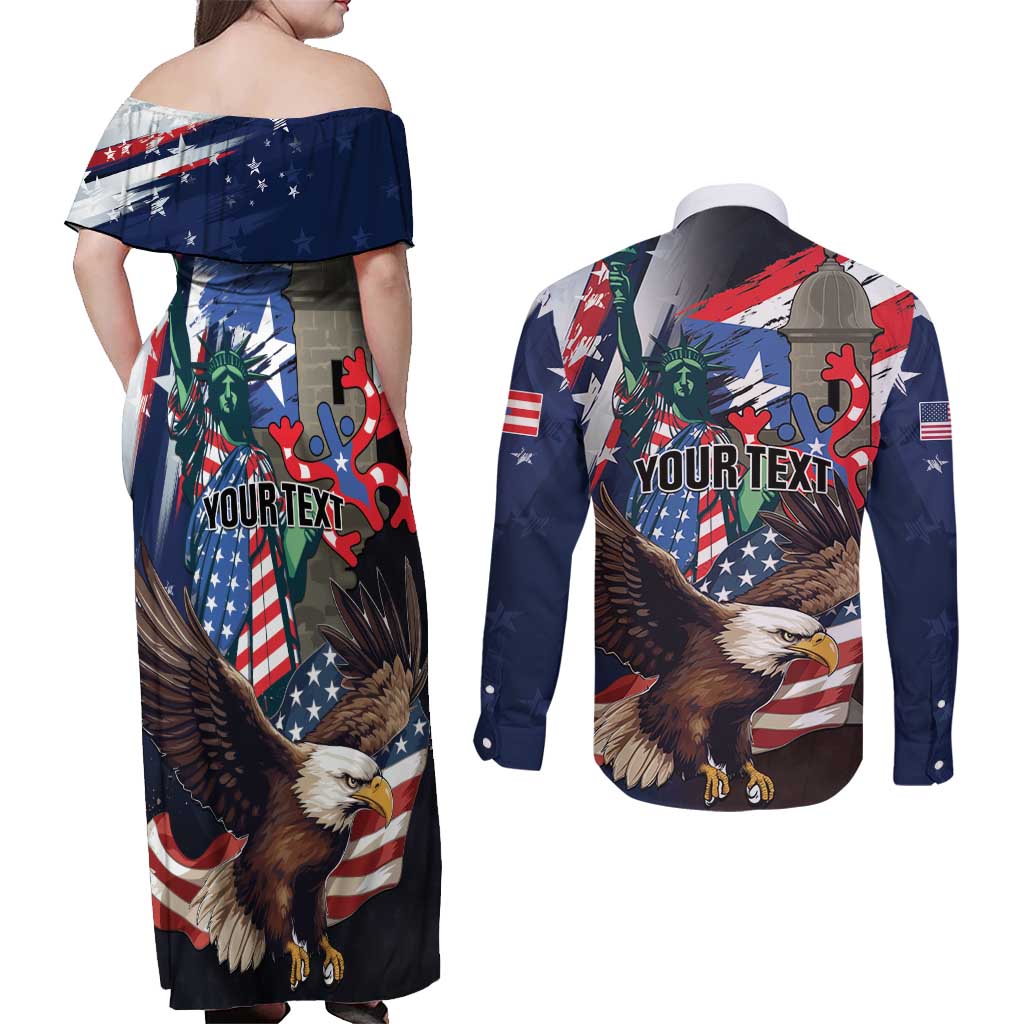 Personalized Puerto Rico 4th of July Couples Matching Off Shoulder Maxi Dress and Long Sleeve Button Shirt USA Statue of Liberty El Morro
