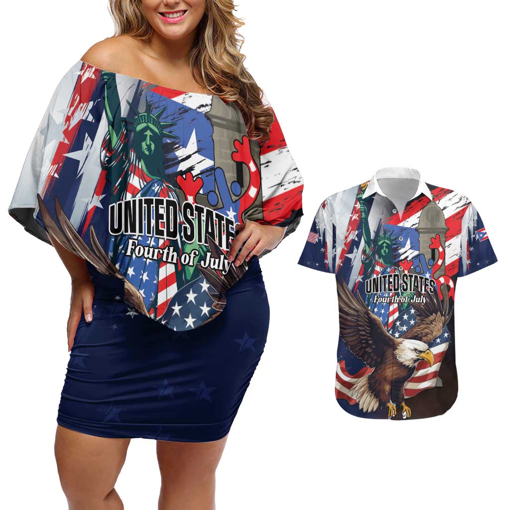 Personalized Puerto Rico 4th of July Couples Matching Off Shoulder Short Dress and Hawaiian Shirt USA Statue of Liberty El Morro