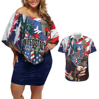 Personalized Puerto Rico 4th of July Couples Matching Off Shoulder Short Dress and Hawaiian Shirt USA Statue of Liberty El Morro