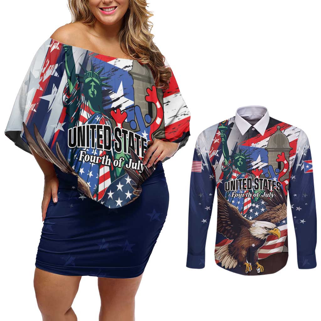 Personalized Puerto Rico 4th of July Couples Matching Off Shoulder Short Dress and Long Sleeve Button Shirt USA Statue of Liberty El Morro