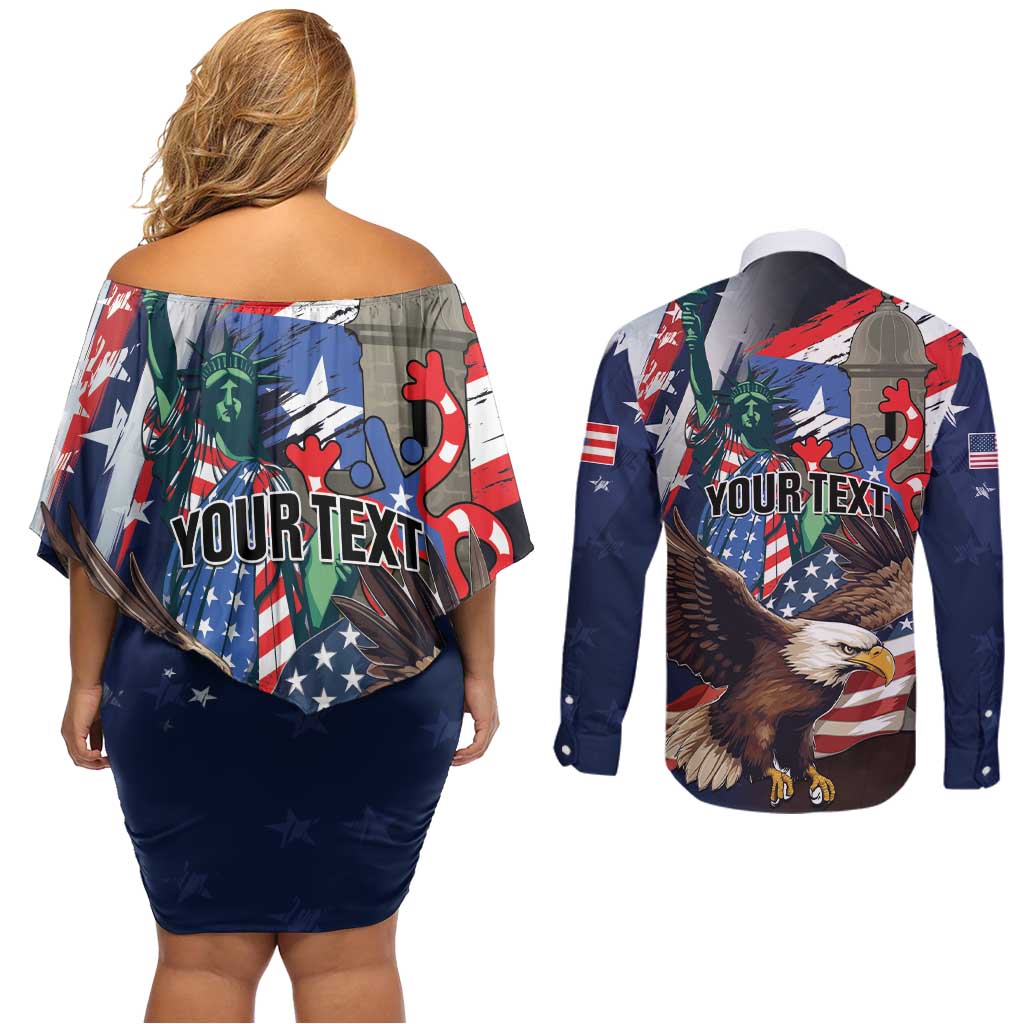 Personalized Puerto Rico 4th of July Couples Matching Off Shoulder Short Dress and Long Sleeve Button Shirt USA Statue of Liberty El Morro