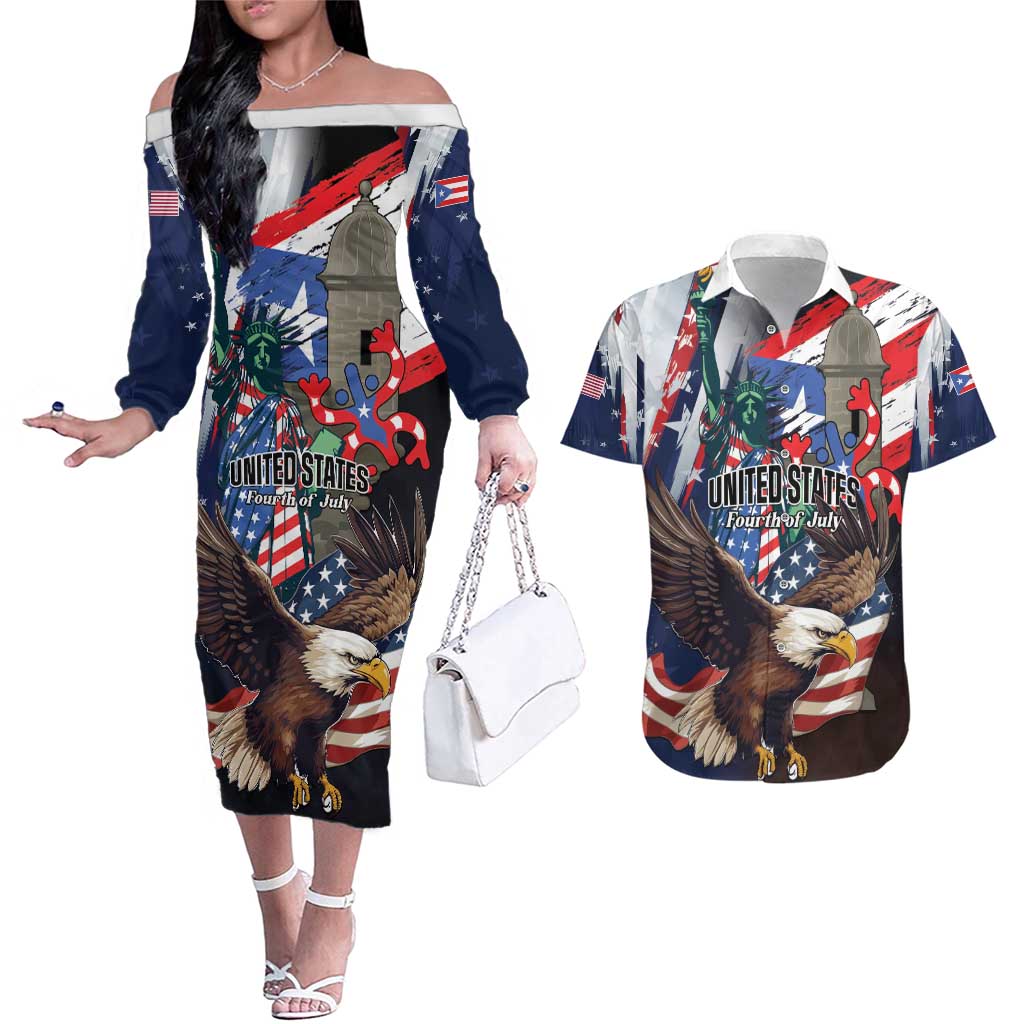 Personalized Puerto Rico 4th of July Couples Matching Off The Shoulder Long Sleeve Dress and Hawaiian Shirt USA Statue of Liberty El Morro