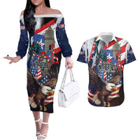 Personalized Puerto Rico 4th of July Couples Matching Off The Shoulder Long Sleeve Dress and Hawaiian Shirt USA Statue of Liberty El Morro