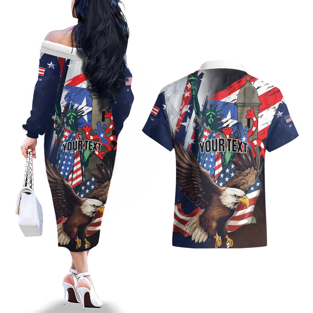 Personalized Puerto Rico 4th of July Couples Matching Off The Shoulder Long Sleeve Dress and Hawaiian Shirt USA Statue of Liberty El Morro